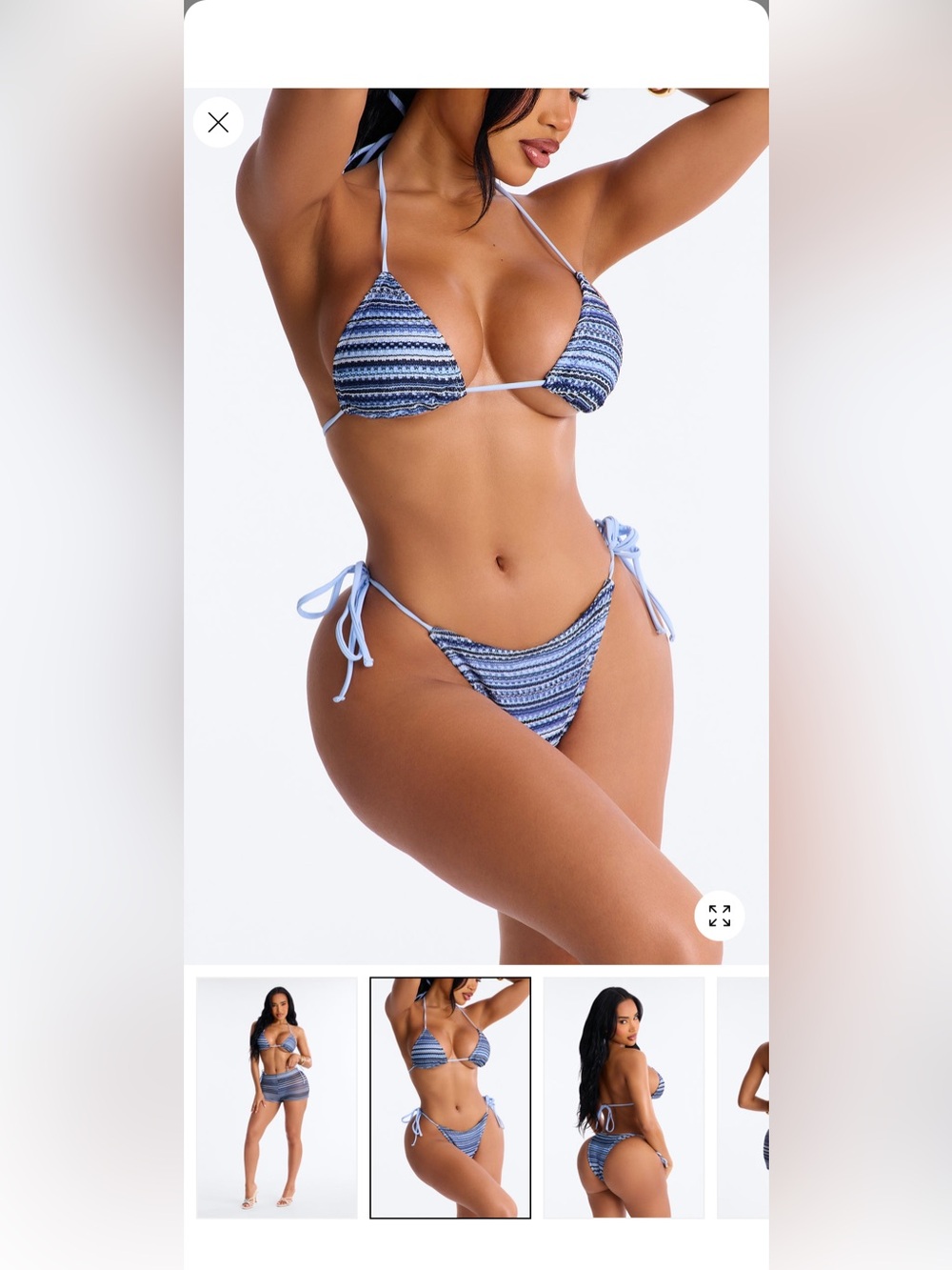 NWT Fashion Nova Blue & White Striped Tie-String Bikini 3pc Set
